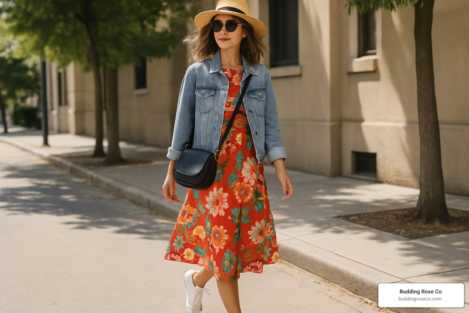 casual daytime look with bold floral midi dress - bold floral midi dress