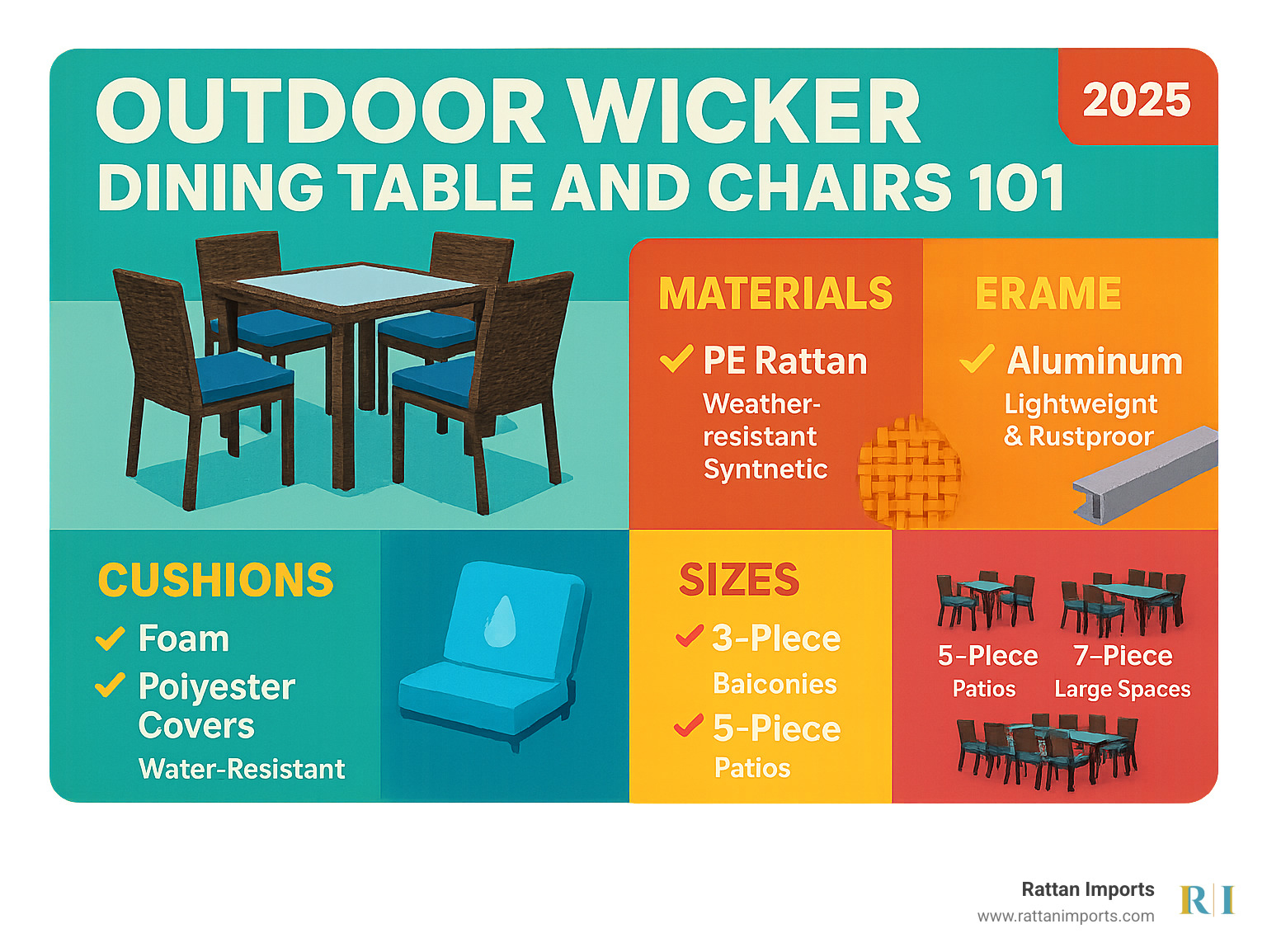 Comprehensive guide showing outdoor wicker dining set materials, sizes, and key features including PE rattan construction, aluminum frame benefits, cushion types, and size recommendations for different outdoor spaces - outdoor wicker dining table and chairs infographic 