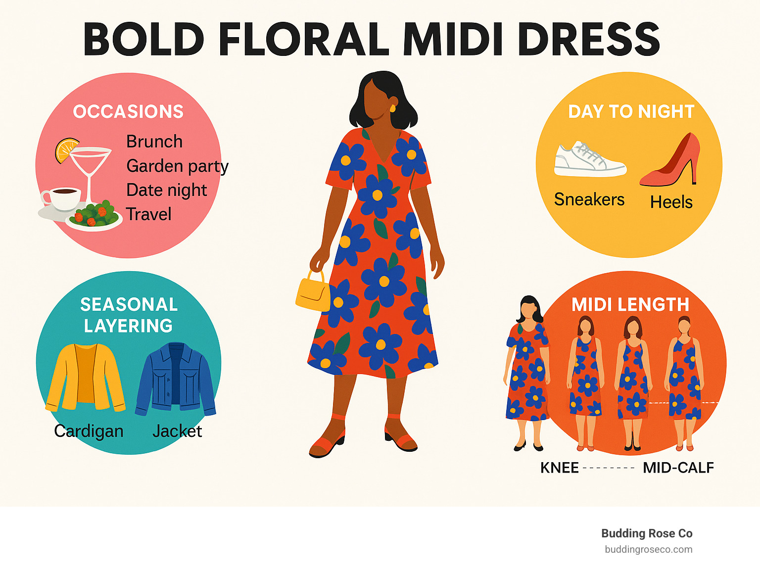 Infographic showing the versatility of bold floral midi dresses across different occasions, styling options for day to night transitions, seasonal layering techniques, and the ideal midi length placement on different body types - bold floral midi dress infographic 