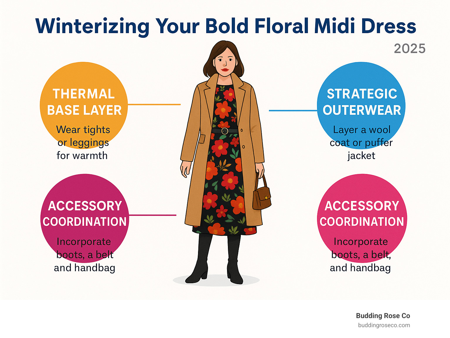 Infographic showing winter layering hierarchy for bold floral midi dresses, including thermal base layers, strategic outerwear placement, and accessory coordination - bold floral midi dress infographic 