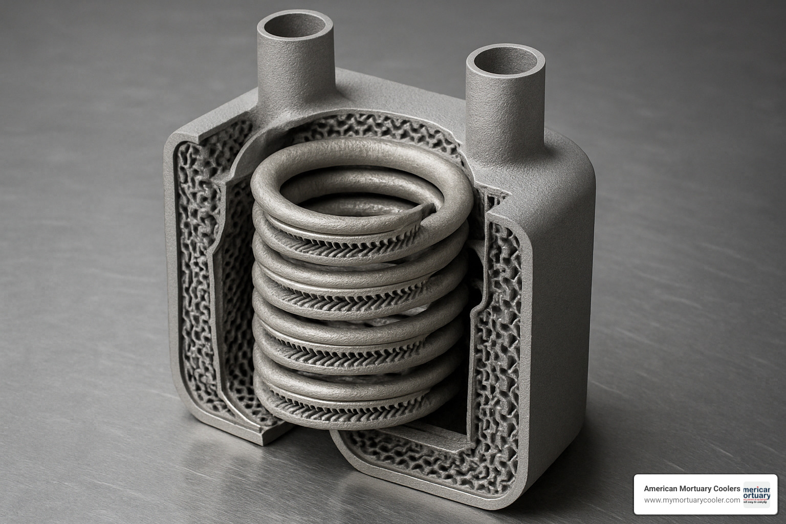 3D-printed heat exchanger coil showing complex internal geometry with improved surface area and optimized flow paths - heat exchanger coils