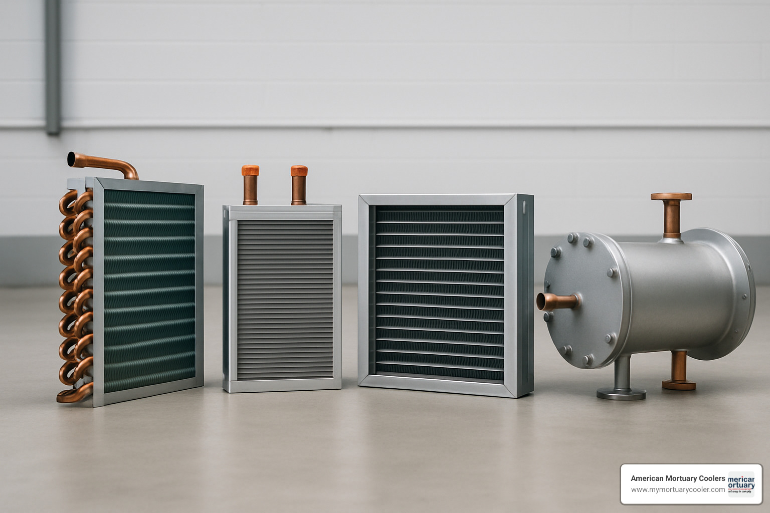 Various types of heat exchanger coils including finned-tube, microchannel, plate-fin, and shell-and-tube designs - heat exchanger coils