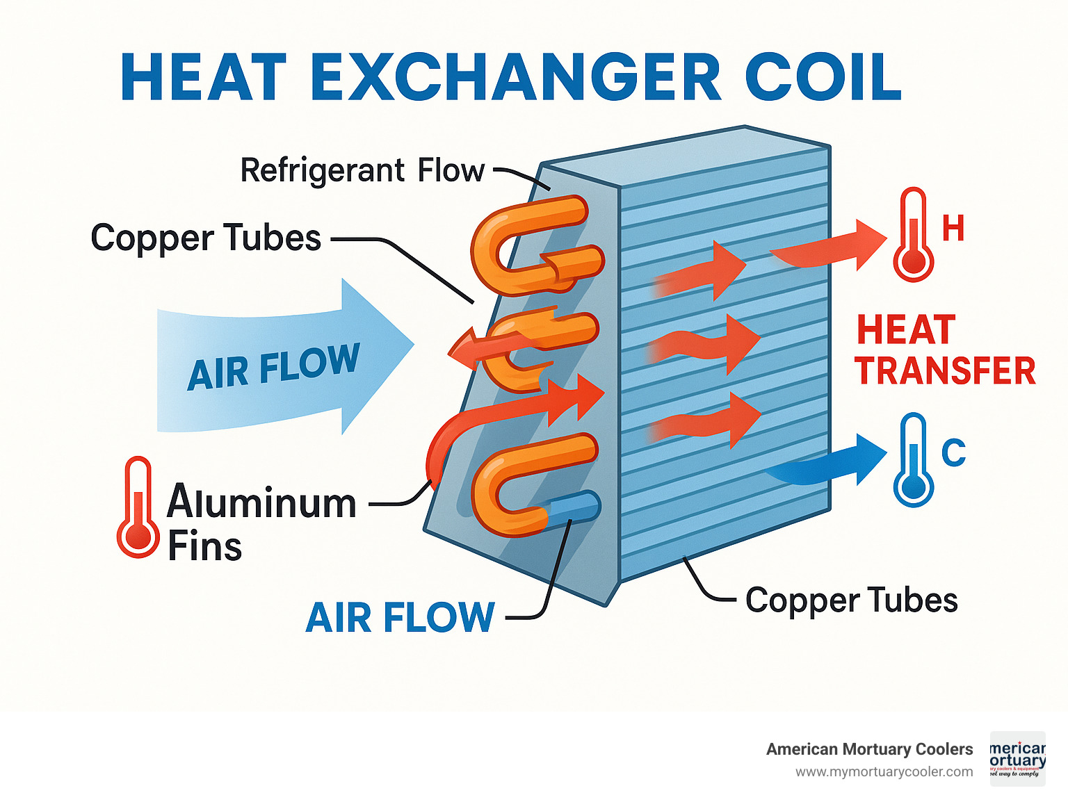Detailed infographic showing heat exchanger coil cross-section with labeled components including copper tubes, aluminum fins, refrigerant flow paths, air flow direction, and heat transfer process with temperature indicators - heat exchanger coils infographic 