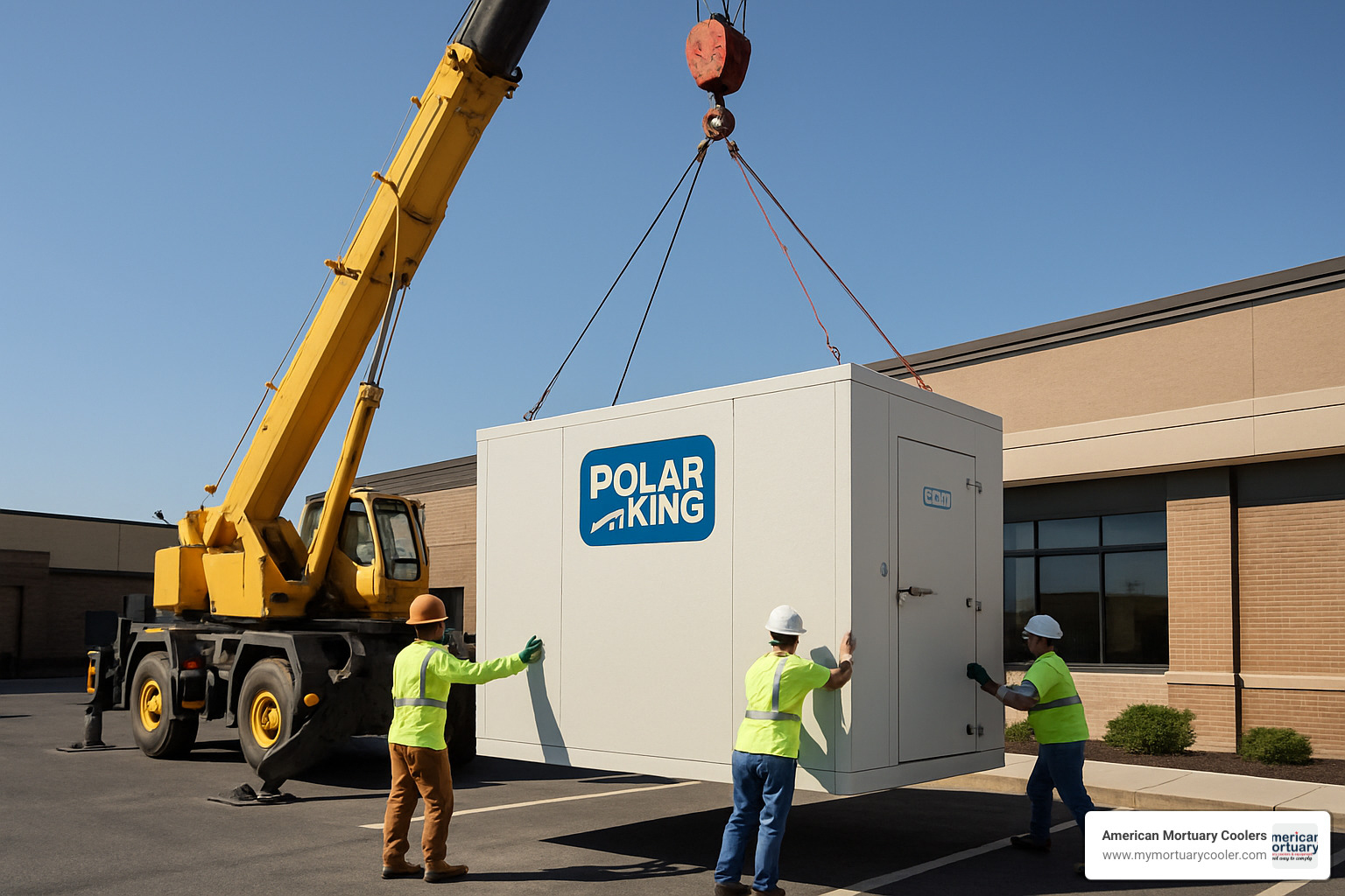 Large crane carefully positioning a Polar King walk-in cooler unit at commercial installation site - polar-king