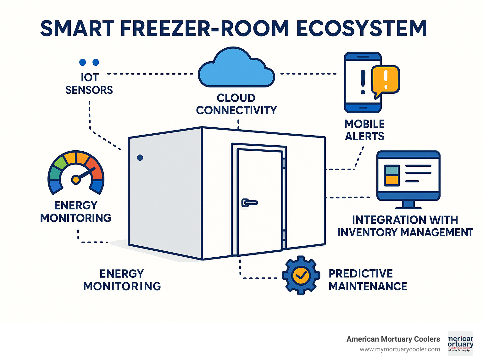 Smart freezer-room ecosystem infographic displaying IoT sensors, cloud connectivity, mobile alerts, energy monitoring, predictive maintenance, and integration with inventory management systems - freezer-room infographic 