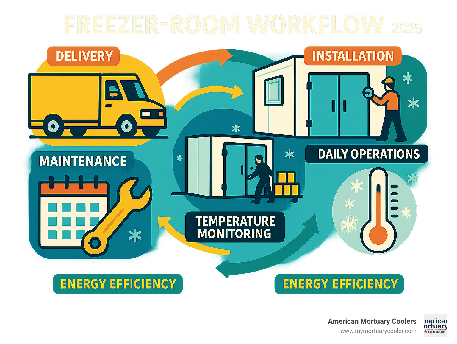 Comprehensive freezer-room workflow infographic showing delivery, installation, daily operations, maintenance schedules, temperature monitoring, and energy efficiency metrics for commercial applications - freezer-room infographic 