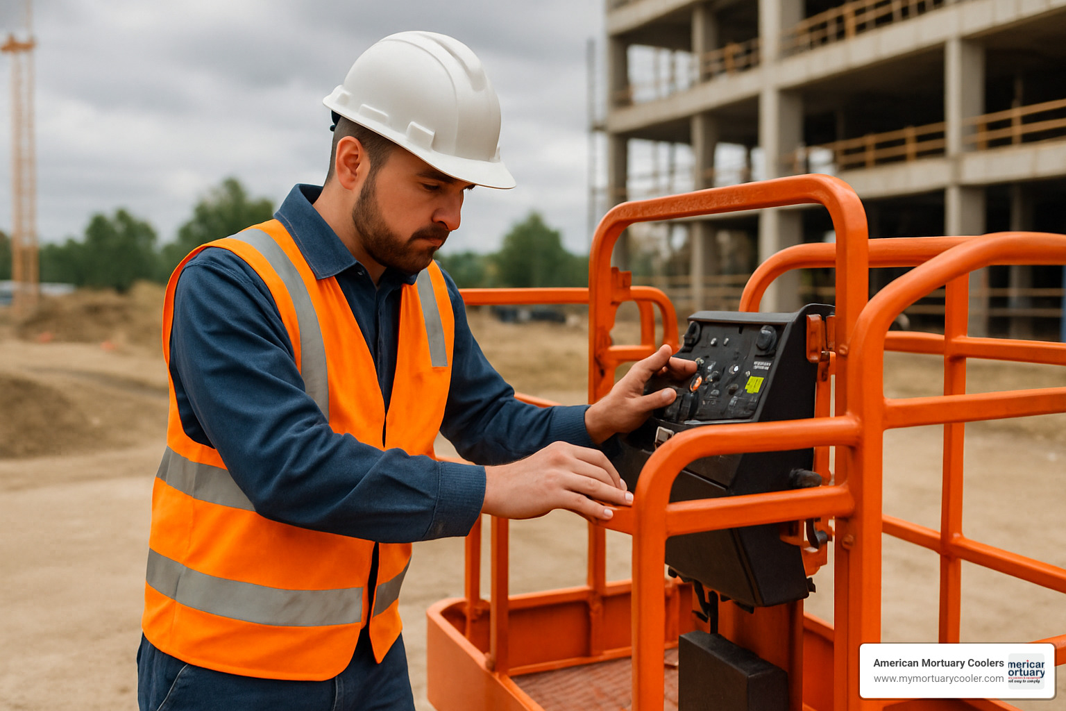 Technician performing safety check on scissor lift - scissor lift for sale
