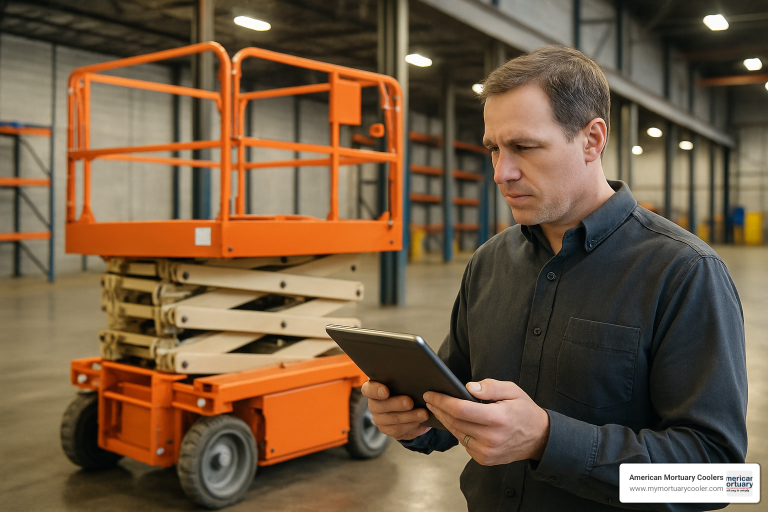Buyer inspecting scissor lift specifications - scissor lift for sale
