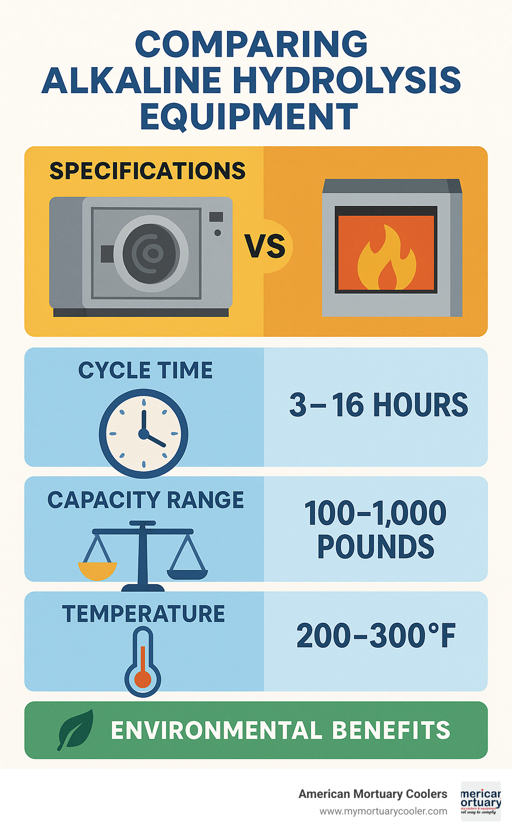 Comprehensive comparison chart showing alkaline hydrolysis equipment specifications, cycle times, capacity ranges, temperature requirements, and environmental benefits versus traditional flame cremation systems - alkaline hydrolysis equipment infographic 