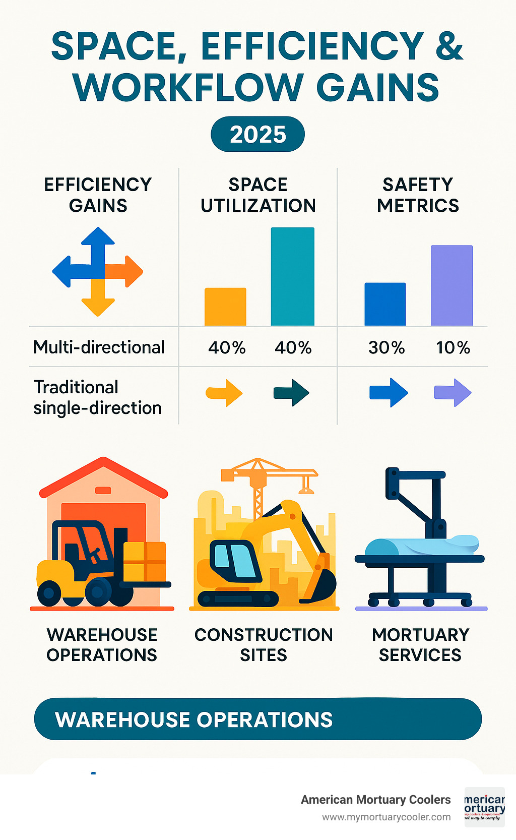 Statistical comparison chart showing efficiency gains, space utilization improvements, and safety metrics for multi-directional vs traditional single-direction equipment across warehouse operations, construction sites, and specialized applications like mortuary services - multi direction- infographic 