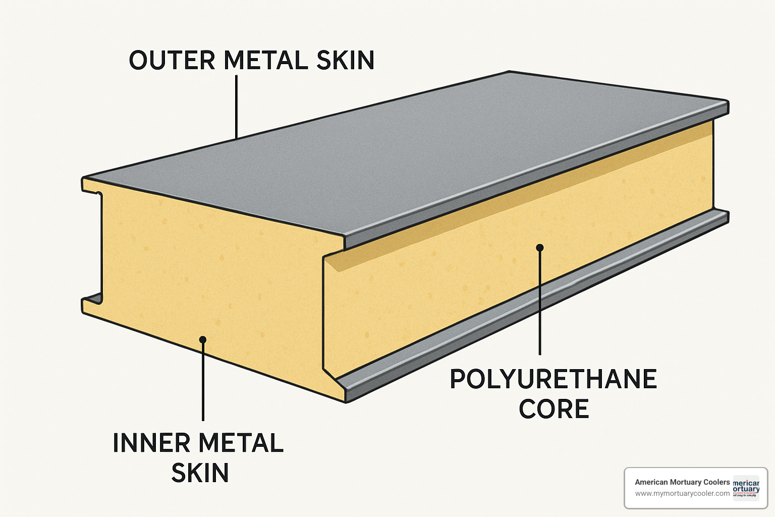 cross-section view of insulated sandwich panel showing metal skins and polyurethane core - what is the cold room called