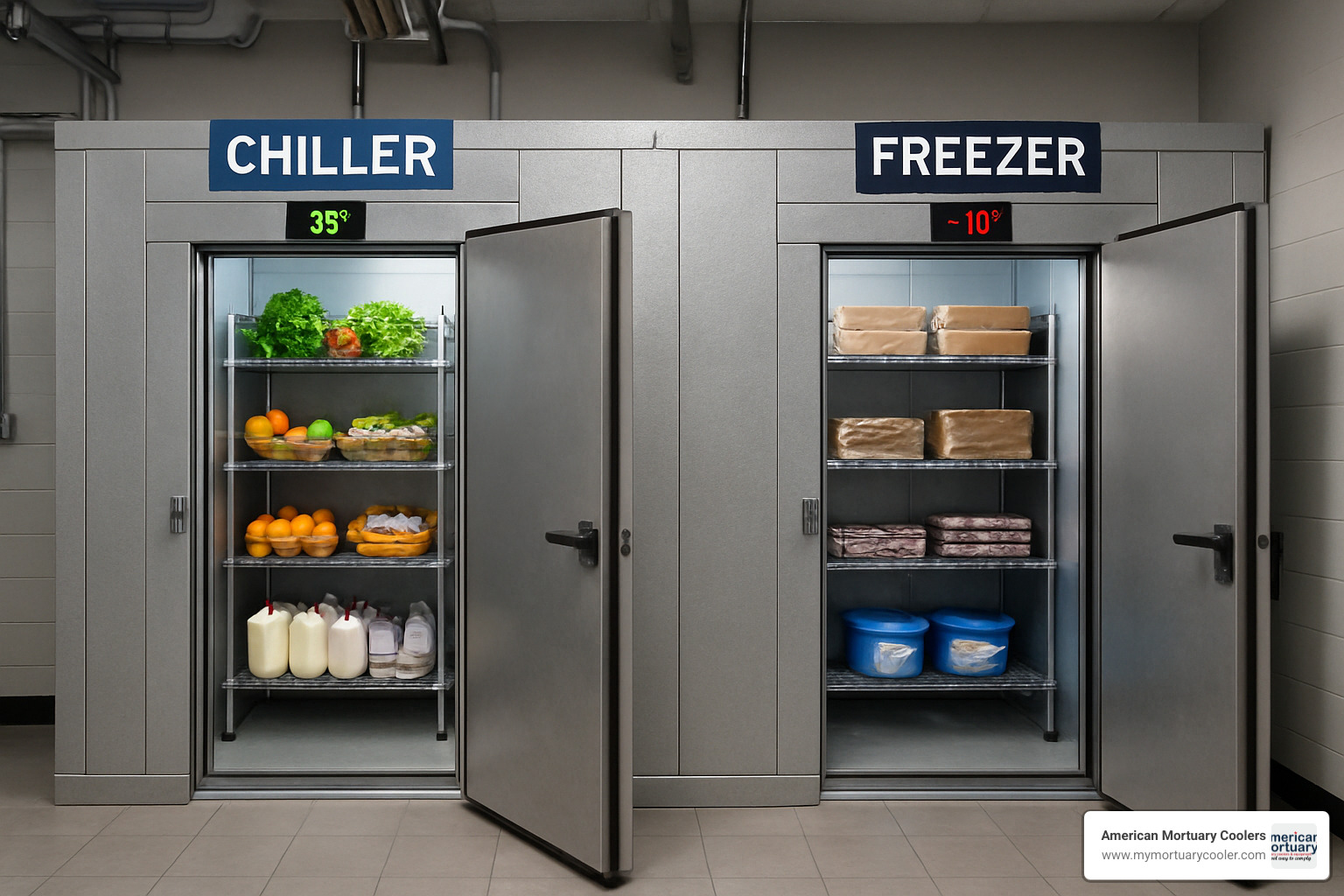 dual-compartment chiller freezer cold room showing separate temperature zones - what is the cold room called
