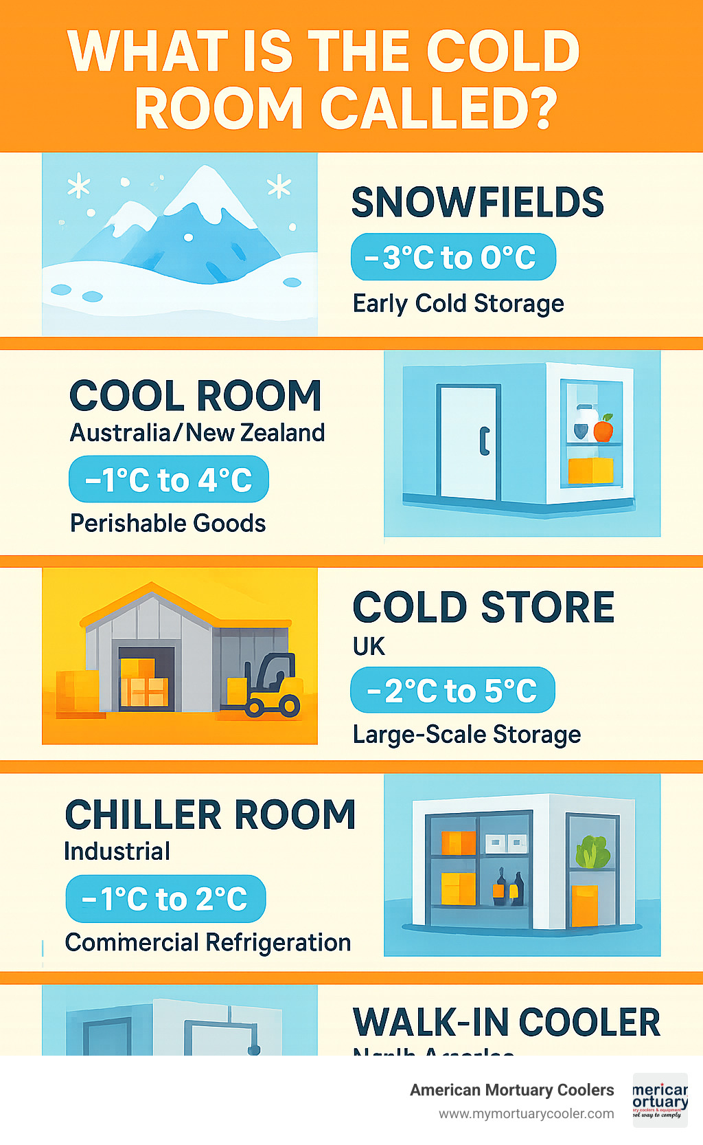 Infographic showing the evolution of cold room terminology from historical snowfields to modern walk-in coolers, including regional variations like cool room (Australia/NZ), cold store (UK), chiller room (industrial), and walk-in cooler (North America), with temperature ranges and typical applications for each type - what is the cold room called infographic 