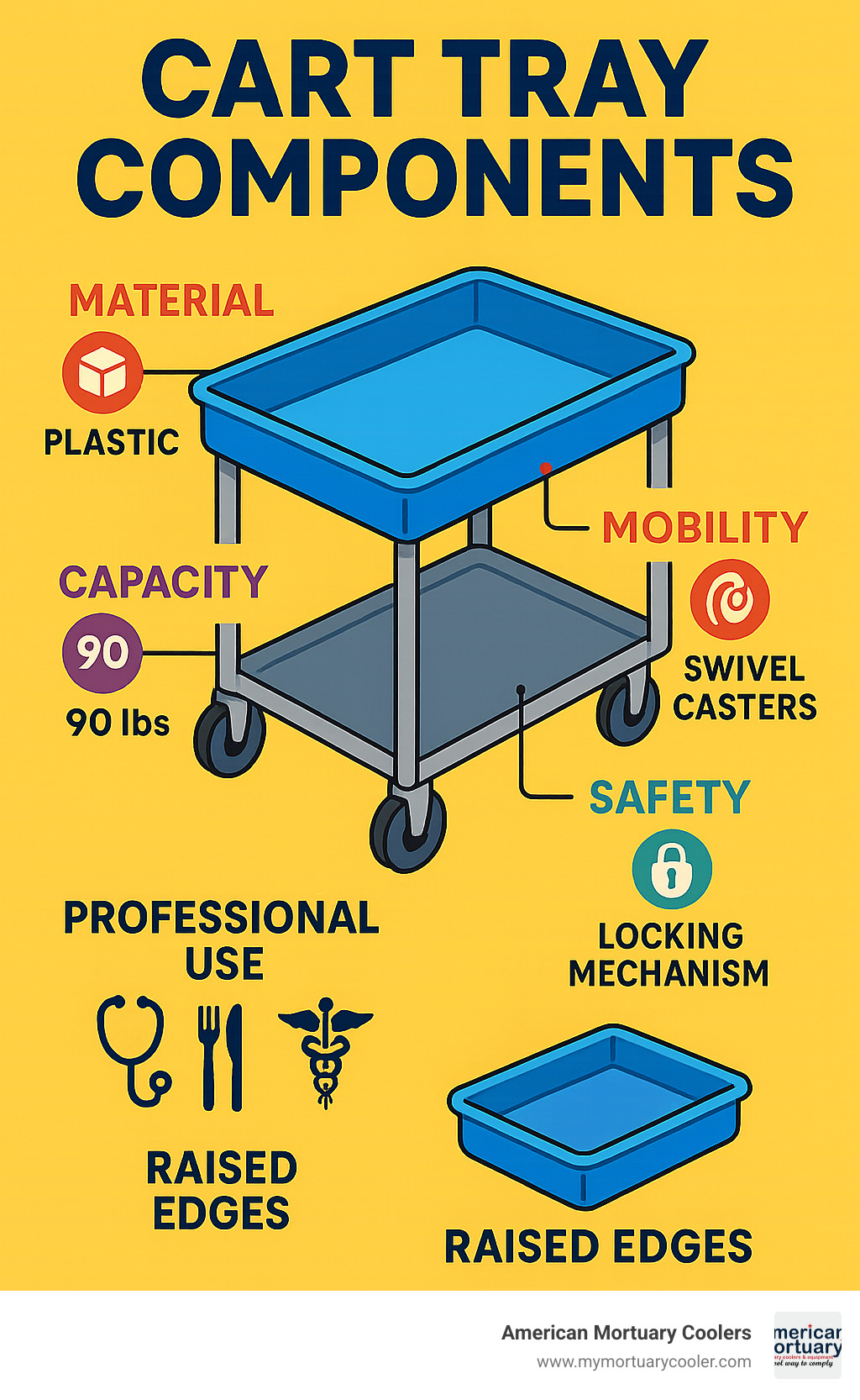 Detailed breakdown of cart tray components including materials, capacity ratings, mobility features, and safety mechanisms for professional use - cart tray infographic 