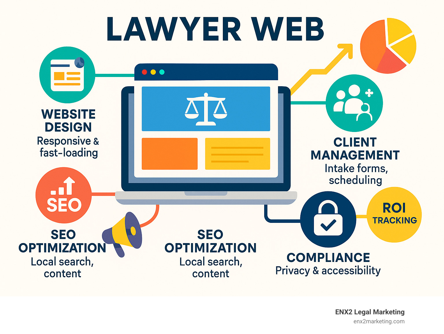 Comprehensive breakdown of lawyer web ecosystem components including website design, SEO optimization, client management tools, compliance features, and ROI tracking metrics - lawyer web infographic 