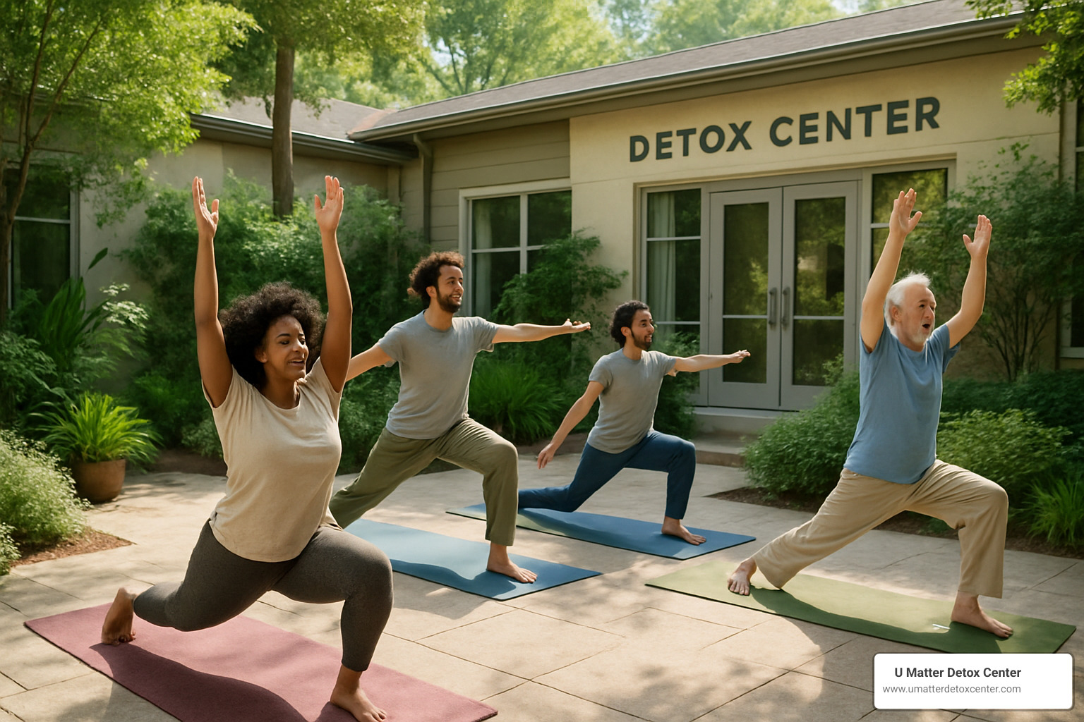 yoga session in peaceful detox center courtyard - holistic drug rehabilitation
