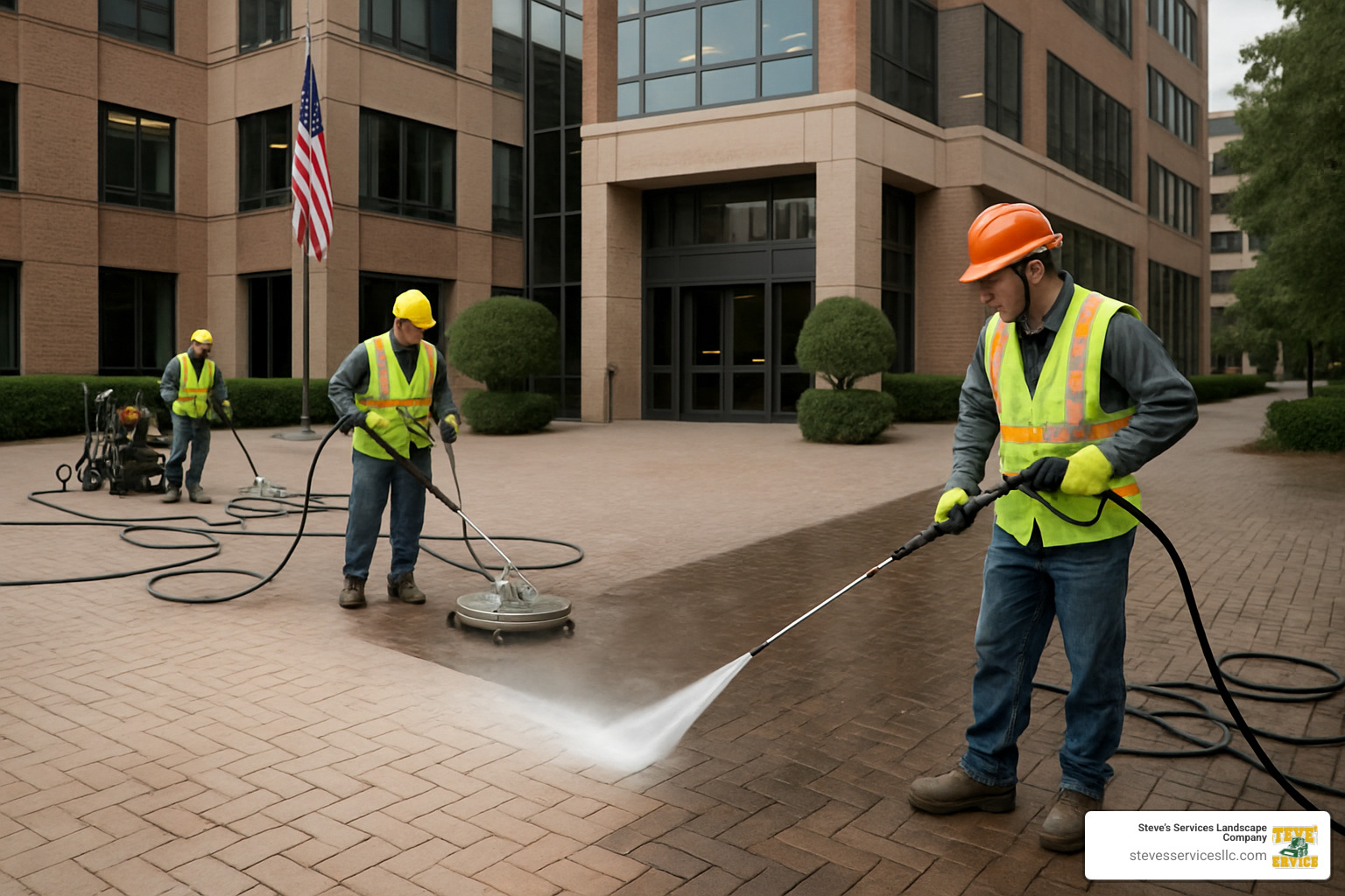Maintenance crew pressure-washing commercial pavers, showing the dramatic difference between cleaned and uncleaned sections - commercial hardscape contractors