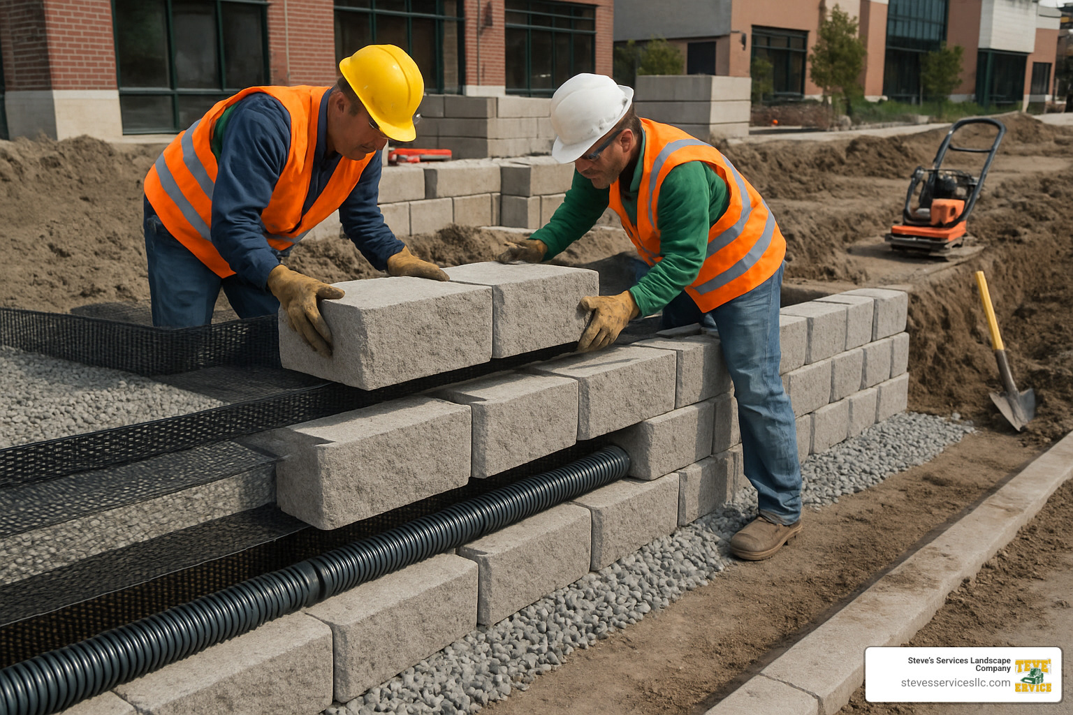 Engineered retaining wall showing proper drainage, reinforcement, and professional installation techniques - commercial hardscape contractors