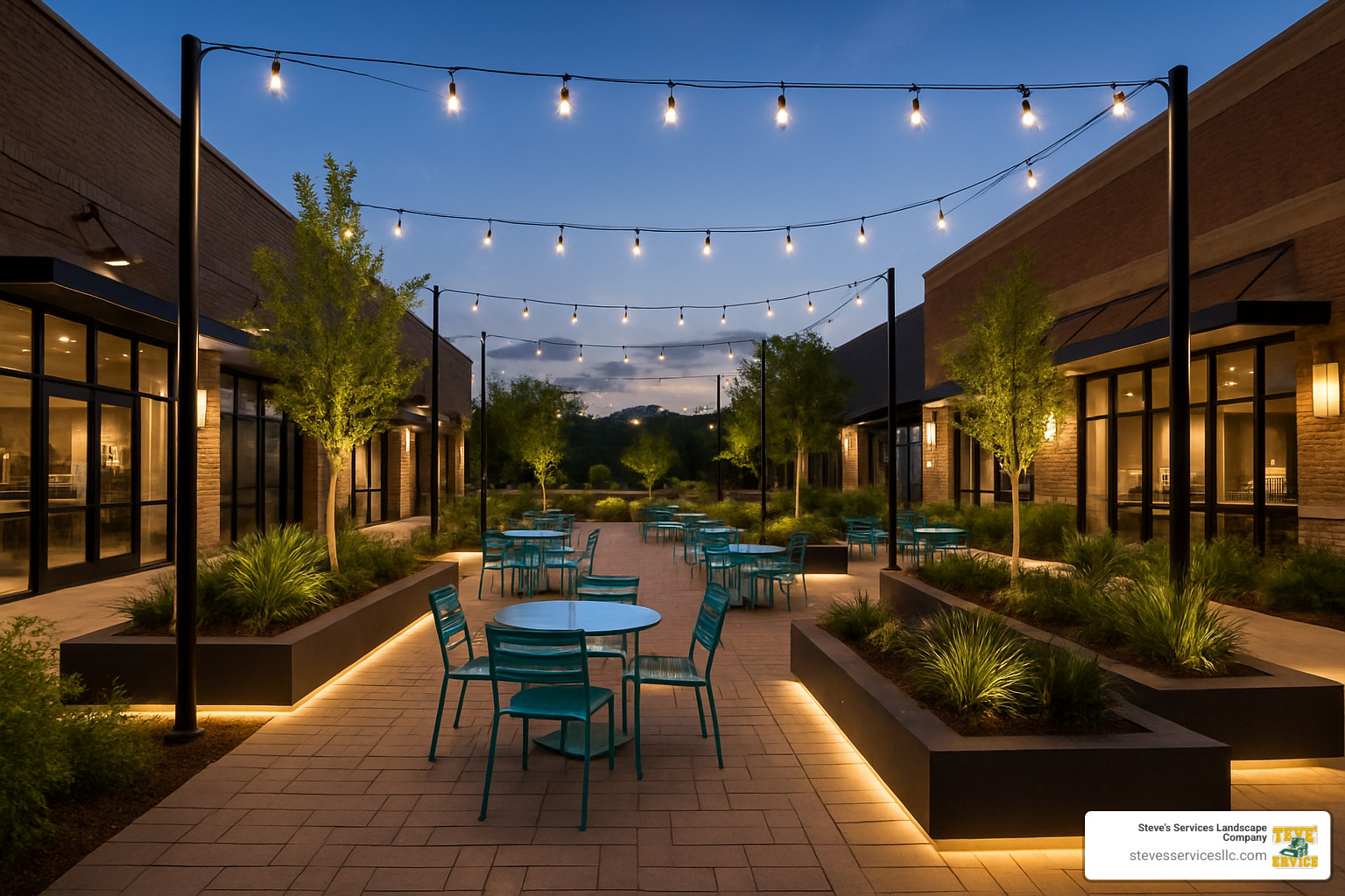 Vibrant outdoor seating plaza with integrated lighting, planters, and gathering areas showing how hardscaping creates valuable commercial space - commercial hardscape contractors