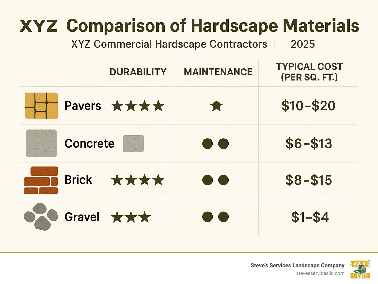 Comparison of different hardscape materials showing durability ratings, maintenance requirements, and typical costs per square foot - commercial hardscape contractors infographic 