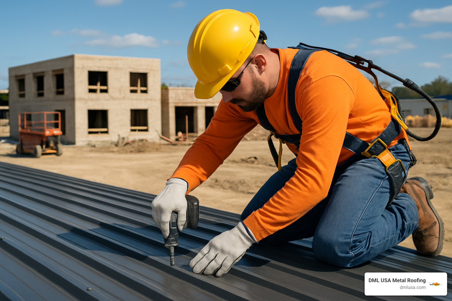 installer fastening heavy gauge metal panel with proper safety equipment - heavy gauge metal panels