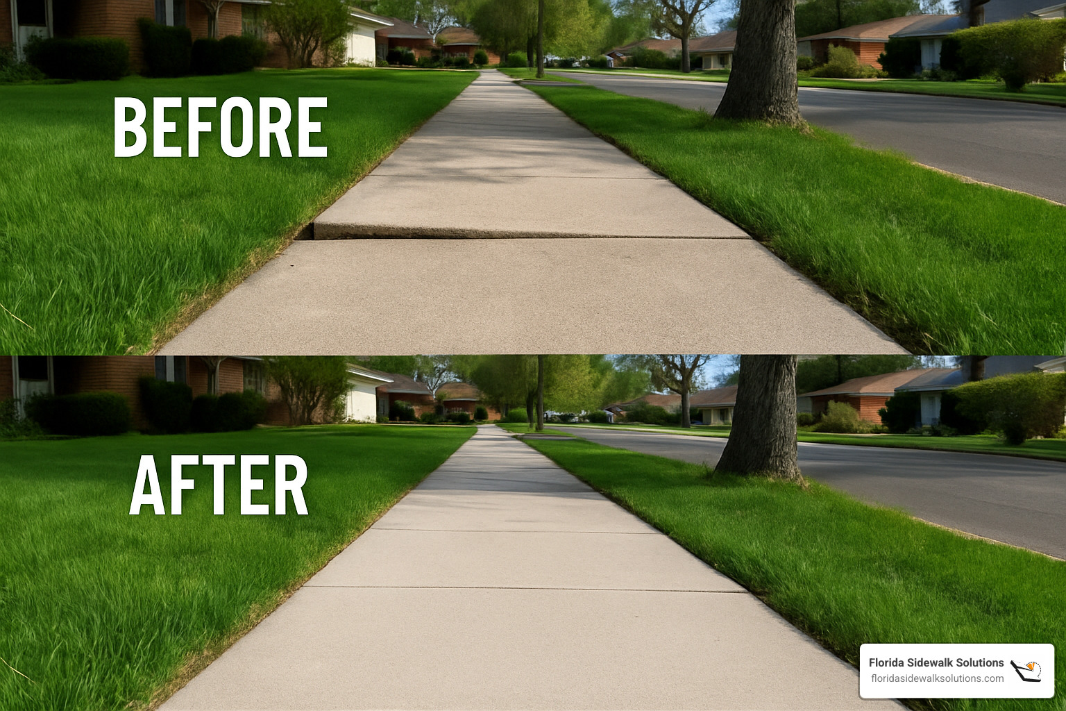 before and after photos showing sidewalk leveling results - Affordable concrete cutting