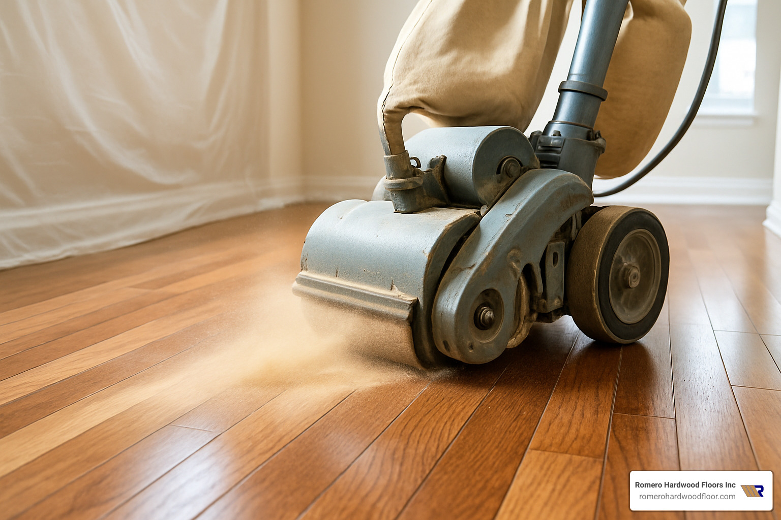 drum sander in action on prefinished hardwood floor - refinish prefinished floors