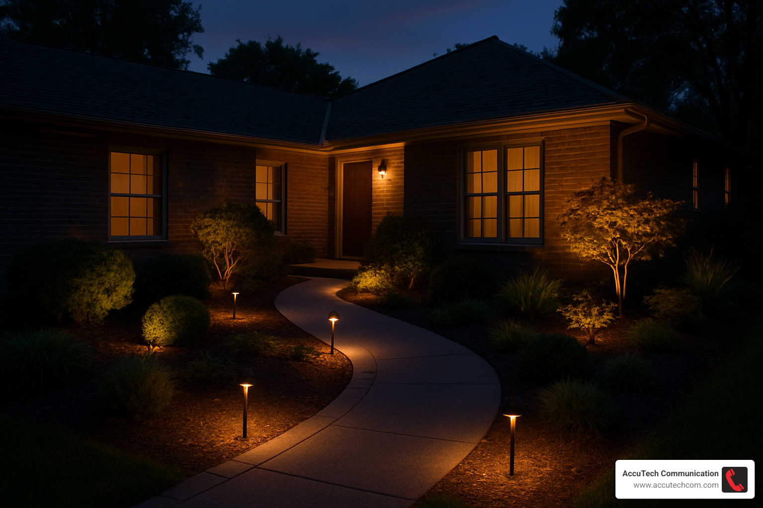completed low voltage landscape lighting installation showing illuminated pathway and accent lighting at dusk - how to install low voltage lighting