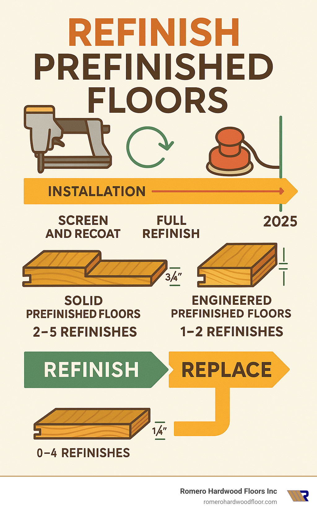 Infographic showing the complete lifecycle of prefinished hardwood floors from installation through multiple refinishing cycles, including timeline markers for when to screen-and-recoat versus full refinish, thickness measurements for solid vs engineered floors, and decision points for refinish vs replacement - refinish prefinished floors infographic 