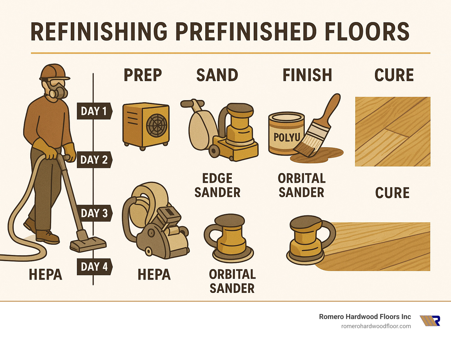 Infographic showing timeline and tool sequence for prefinished floor refinishing project, from day 1 preparation through final cure, with specific tools needed at each stage - refinish prefinished floors infographic 