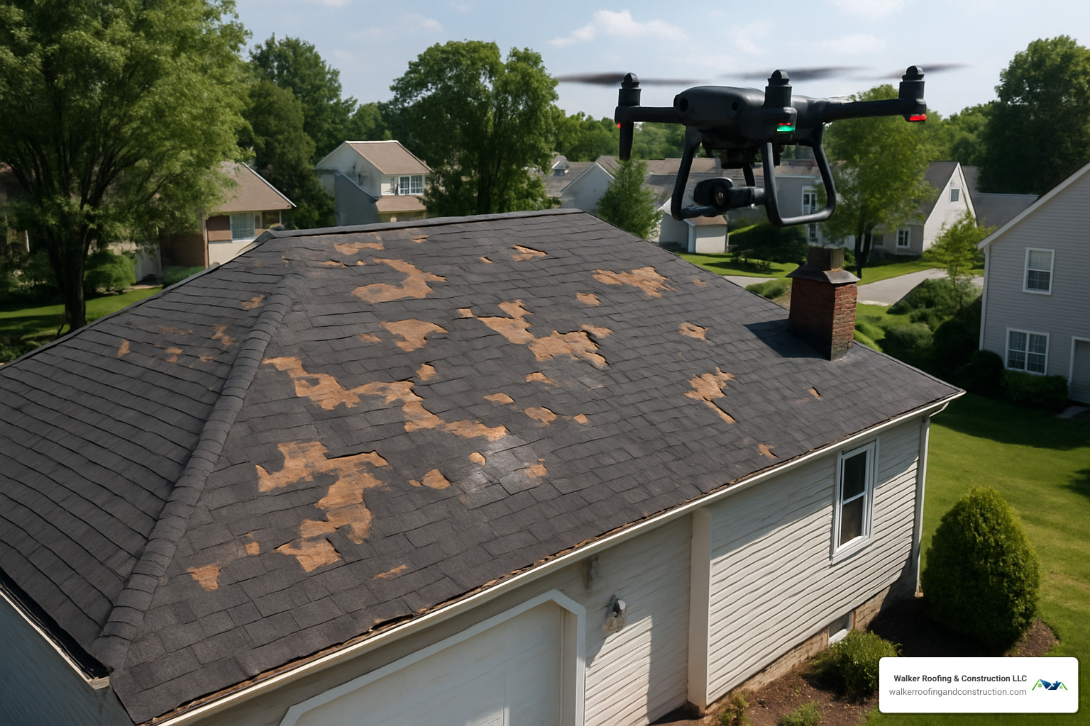 Drone surveying roof damage for insurance documentation - insurance claim roof repair