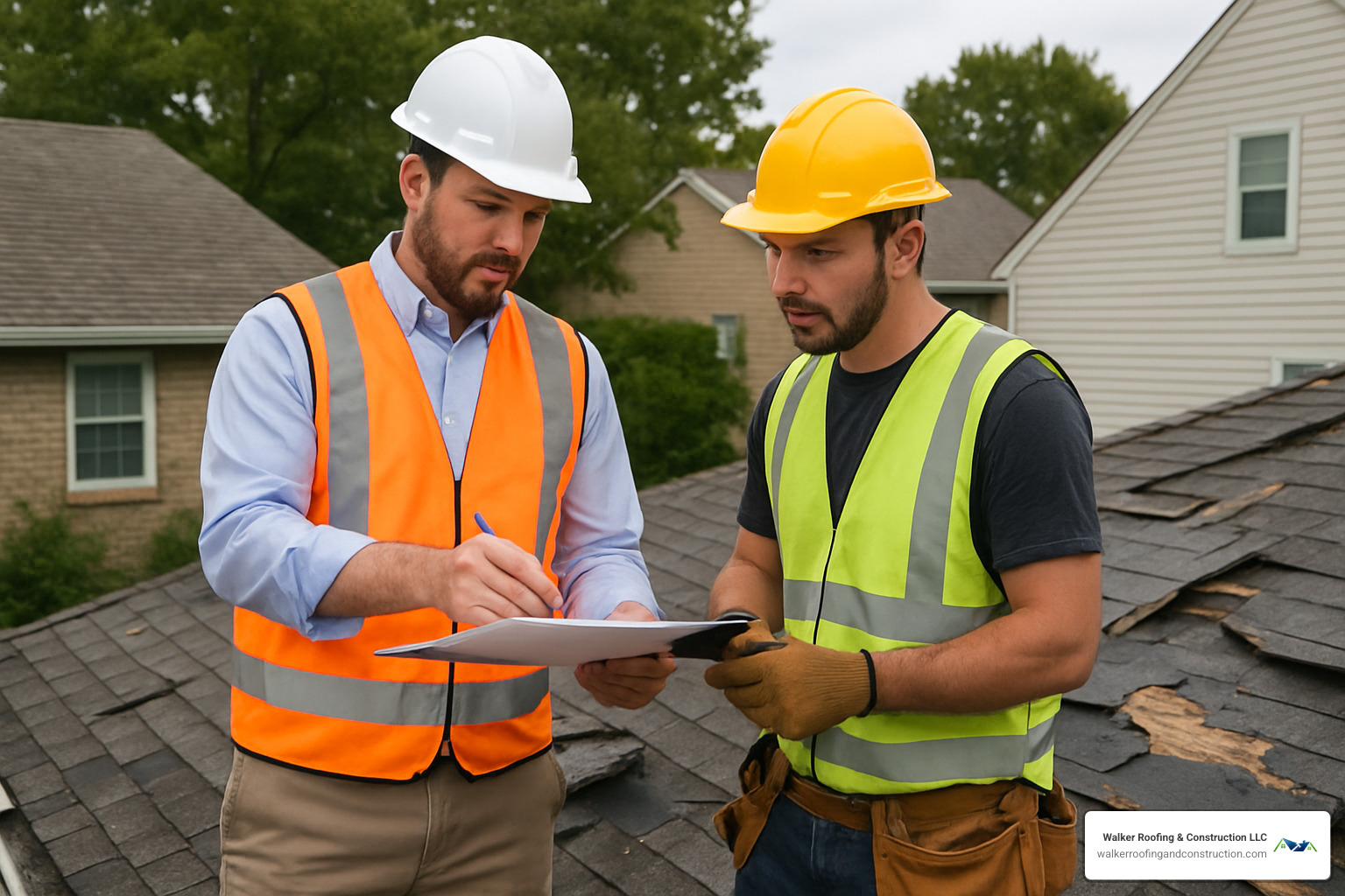 Insurance adjuster meeting with roofing contractor on damaged roof - insurance claim roof repair