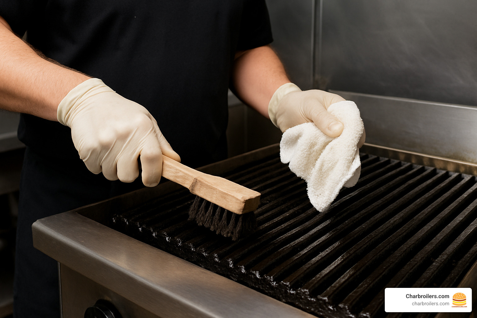 Proper cleaning technique for cast iron grates with wire brush and food-grade lubricant - atosa 24 charbroiler