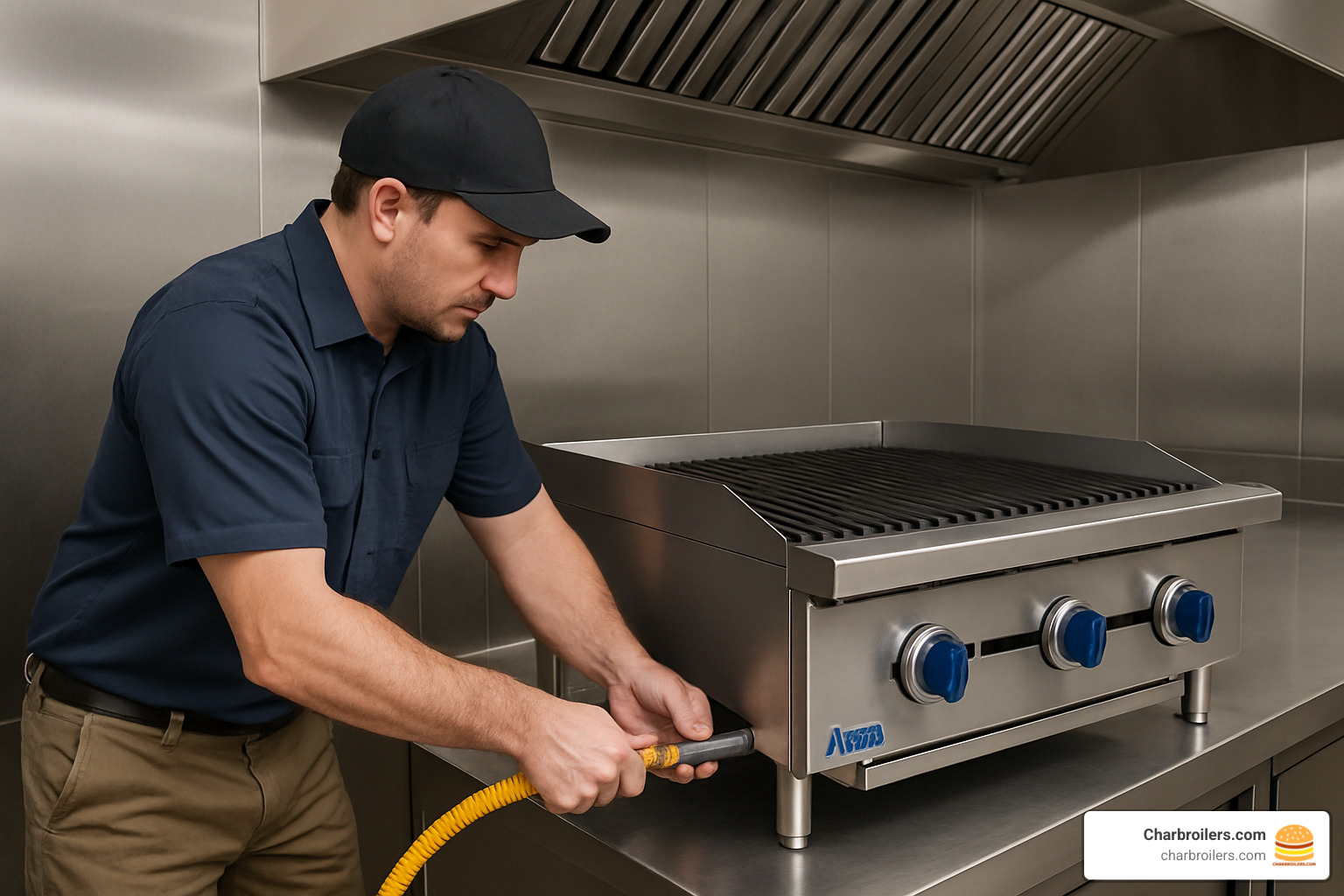 Professional installation of atosa 24 charbroiler showing gas line connection and ventilation setup - atosa 24 charbroiler
