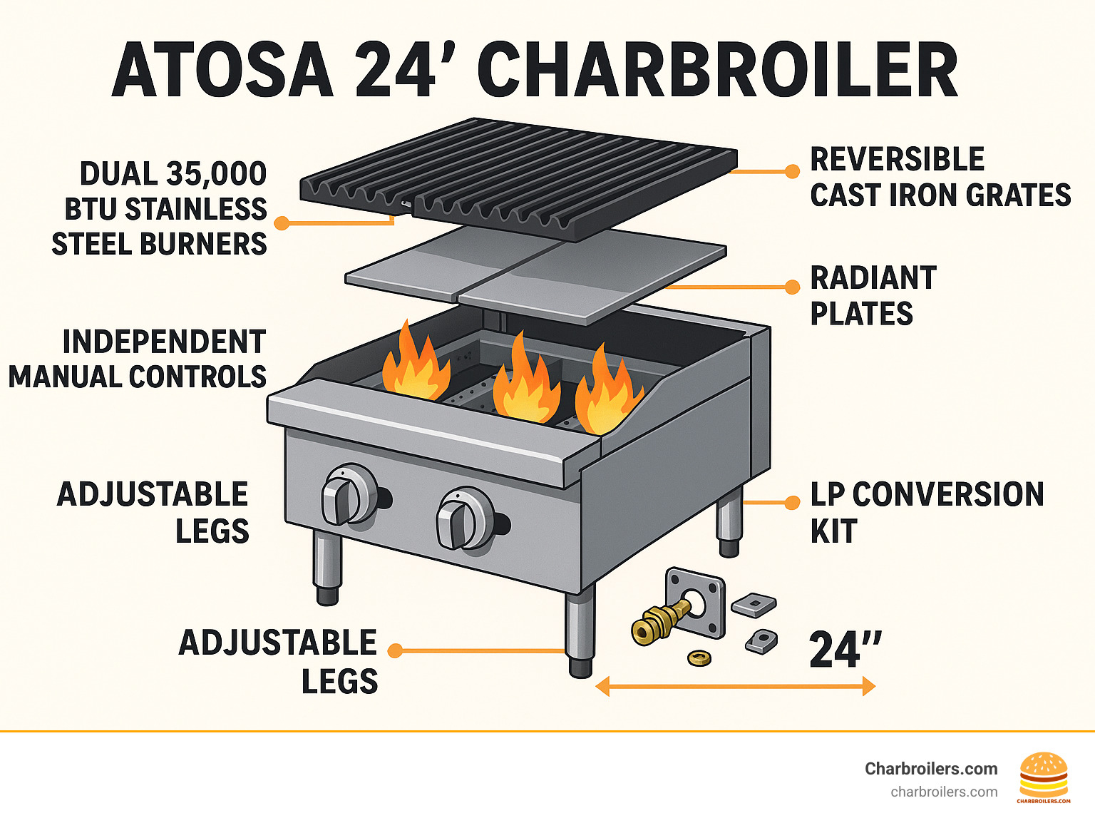 Detailed breakdown of atosa 24 charbroiler components showing dual 35,000 BTU stainless steel burners, reversible cast iron grates, radiant plates, independent manual controls, adjustable legs, and LP conversion kit with dimensions and BTU specifications - atosa 24 charbroiler infographic 