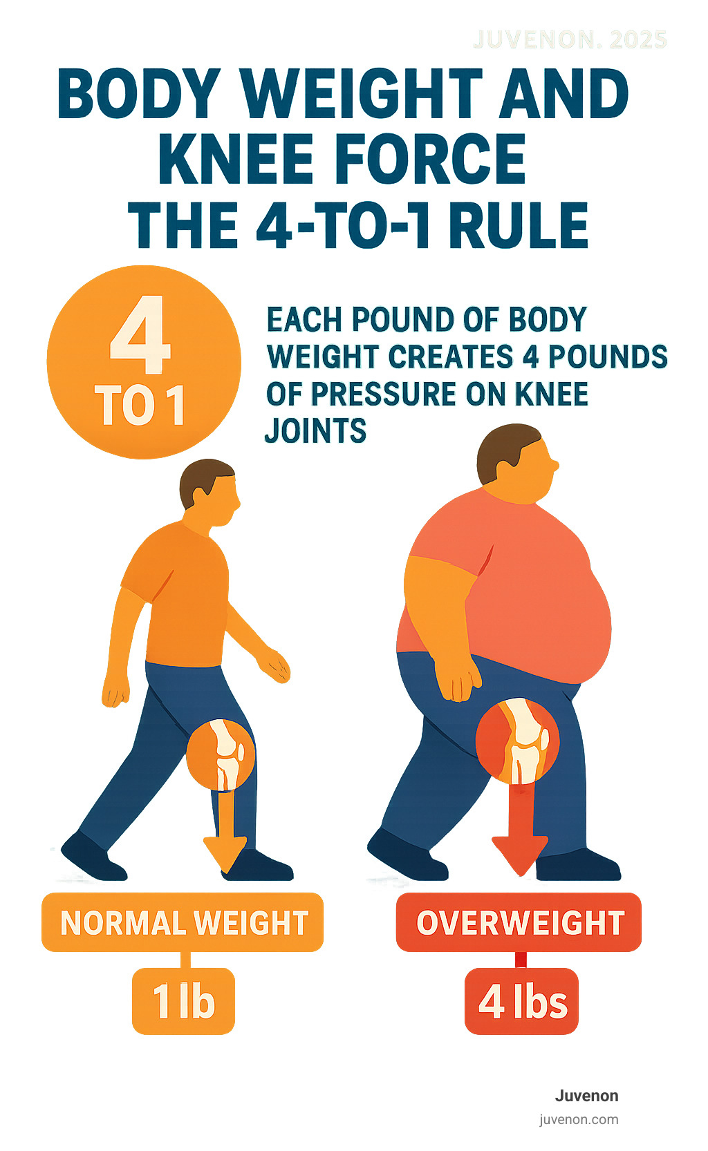 Infographic showing the 4-to-1 rule: how each pound of body weight creates 4 pounds of pressure on knee joints, with visual comparison of normal weight vs overweight impact on joint stress - long term joint health infographic 