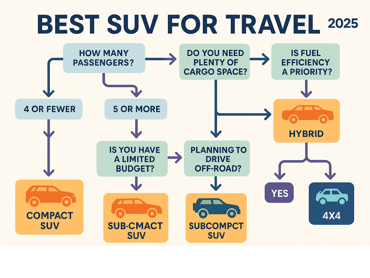 Comprehensive SUV selection flowchart showing decision points for travel needs including passenger count, cargo requirements, fuel efficiency priorities, budget constraints, and terrain considerations with recommended vehicle categories for each path - best suv for travel infographic 