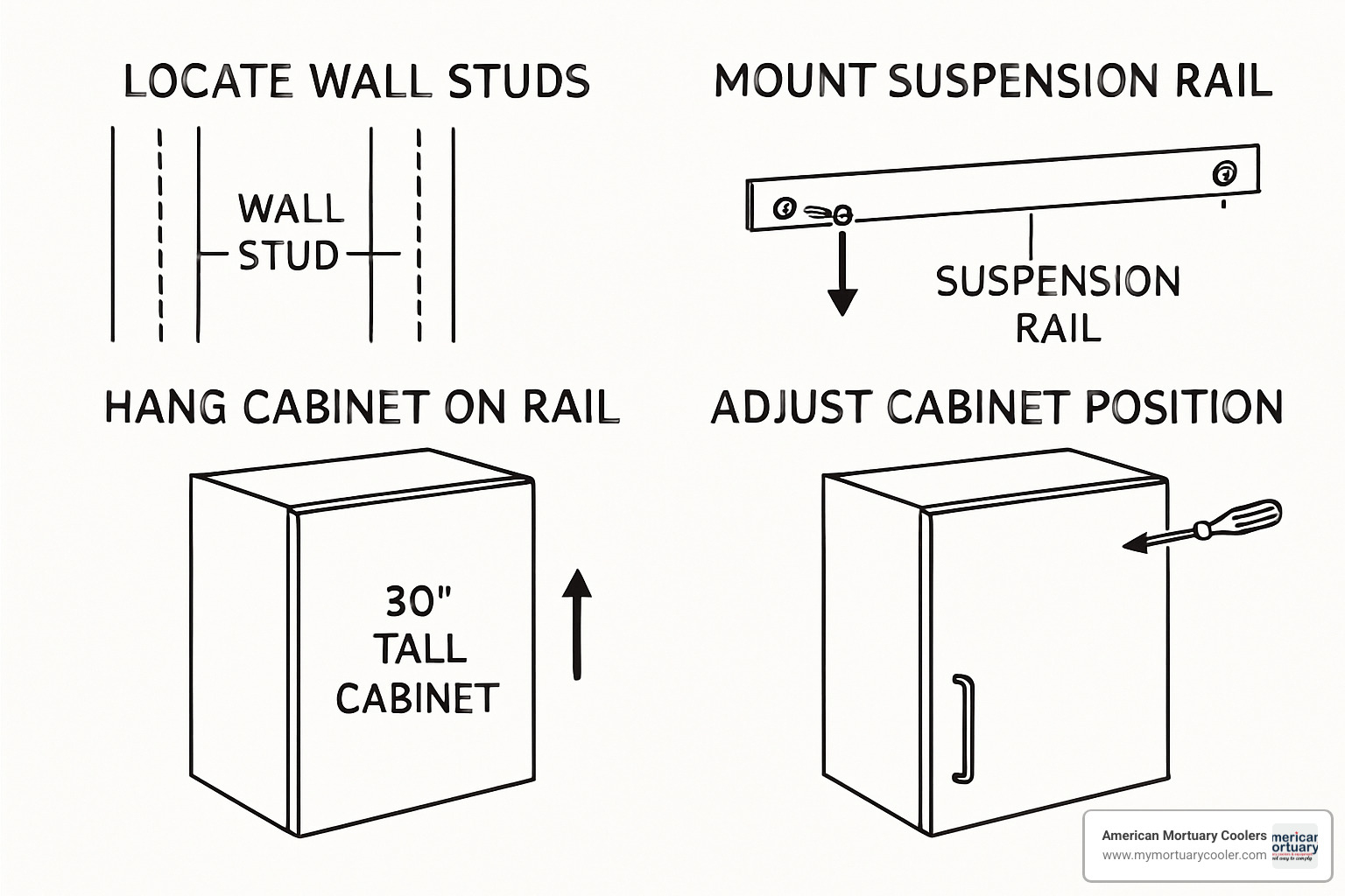 Step-by-step wall installation diagram showing stud location, rail mounting, cabinet hanging, and adjustment procedures - 30 in tall cabinet