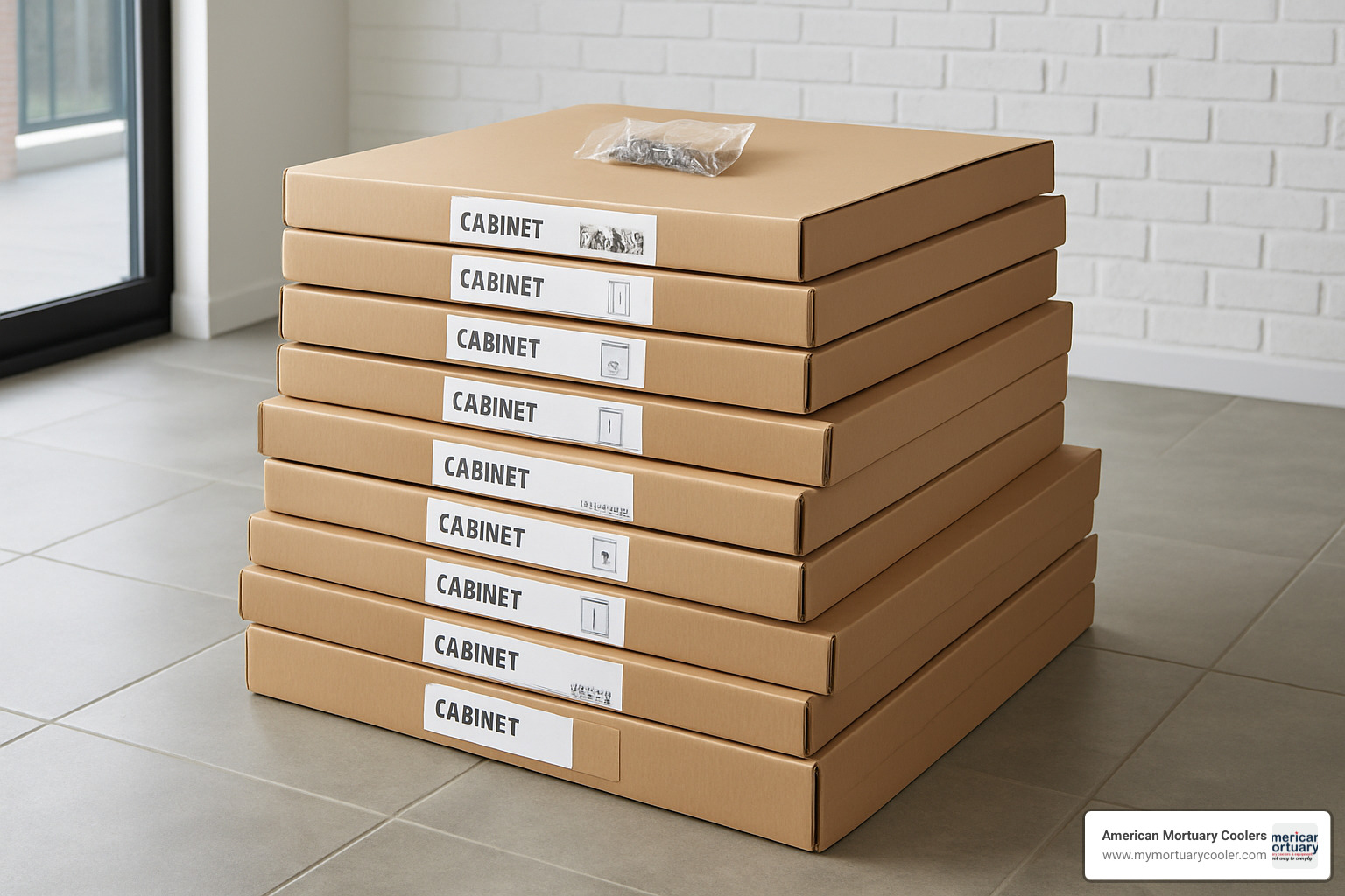 Stack of flat-pack cabinet boxes ready for delivery, showing efficient packaging and included hardware - 30 in tall cabinet