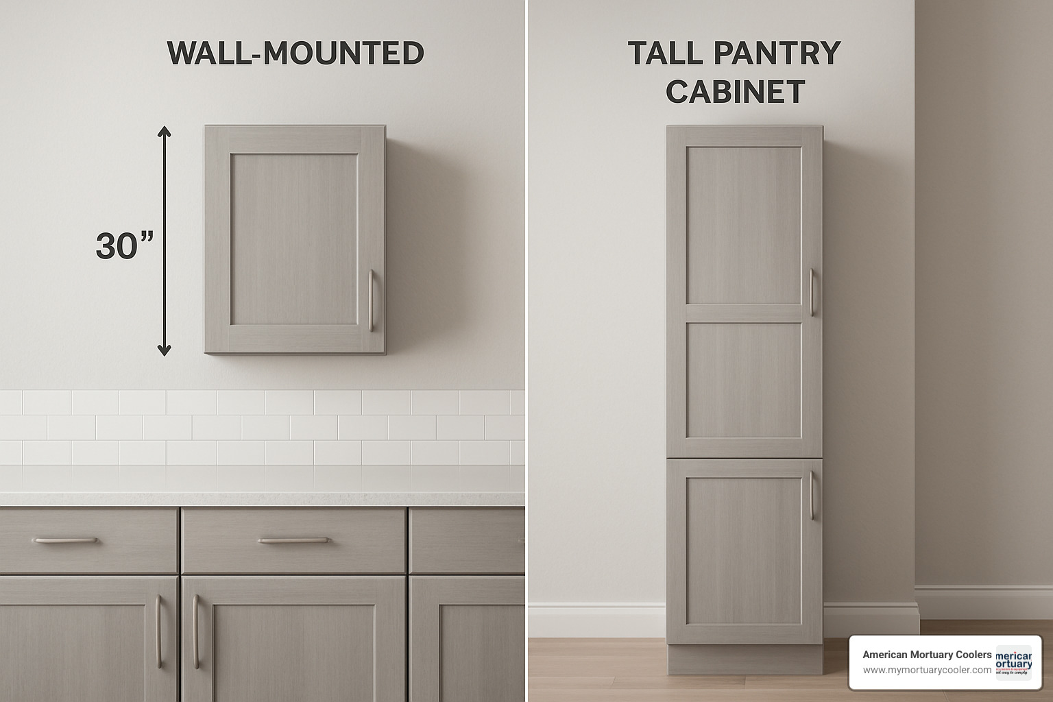 Comparison collage showing wall-mounted 30 inch cabinet next to tall pantry cabinet, highlighting different depths and door configurations - 30 in tall cabinet