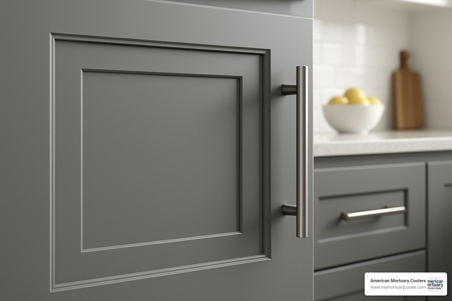 Close-up of modern gray shaker door panel showing clean lines, quality hardware, and smooth finish - 30 in tall cabinet