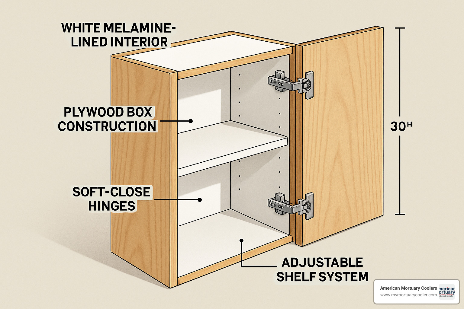Cabinet construction cutaway showing melamine interior, plywood box construction, soft-close hinges, and adjustable shelf system - 30 in tall cabinet