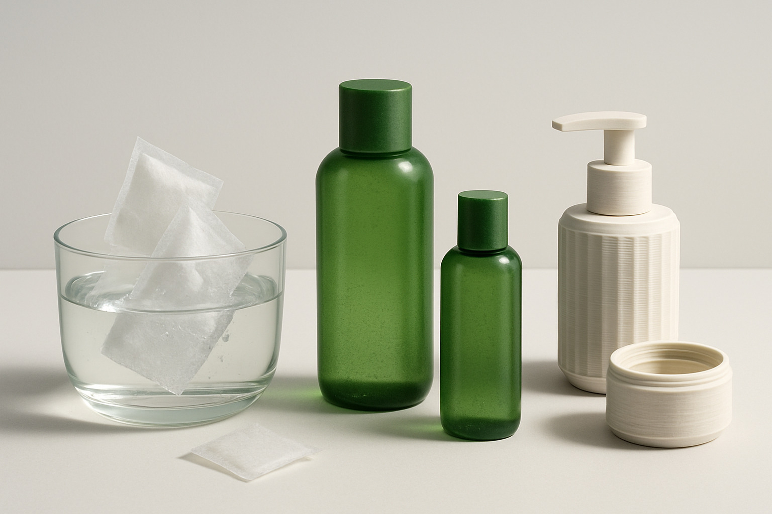 Futuristic sustainable packaging concepts including dissolvable sachets, algae-based containers, and 3D-printed refillable systems - eco friendly skin care packaging