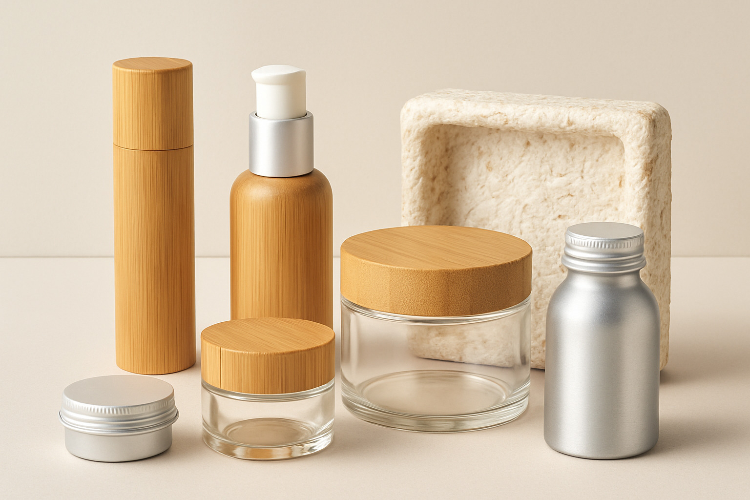 Various sustainable packaging materials including bamboo tubes, glass jars, aluminum containers, and mycelium-based protective packaging - eco friendly skin care packaging