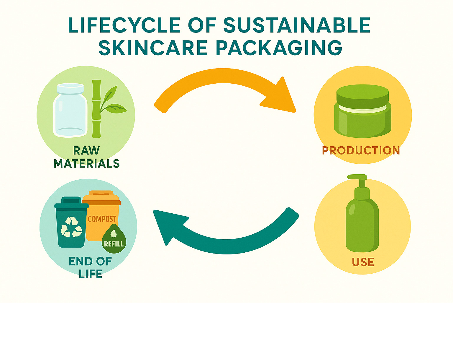 Infographic showing the lifecycle of sustainable skincare packaging from raw materials through production, use, and end-of-life disposal options including recycling, composting, and refilling systems - eco friendly skin care packaging infographic