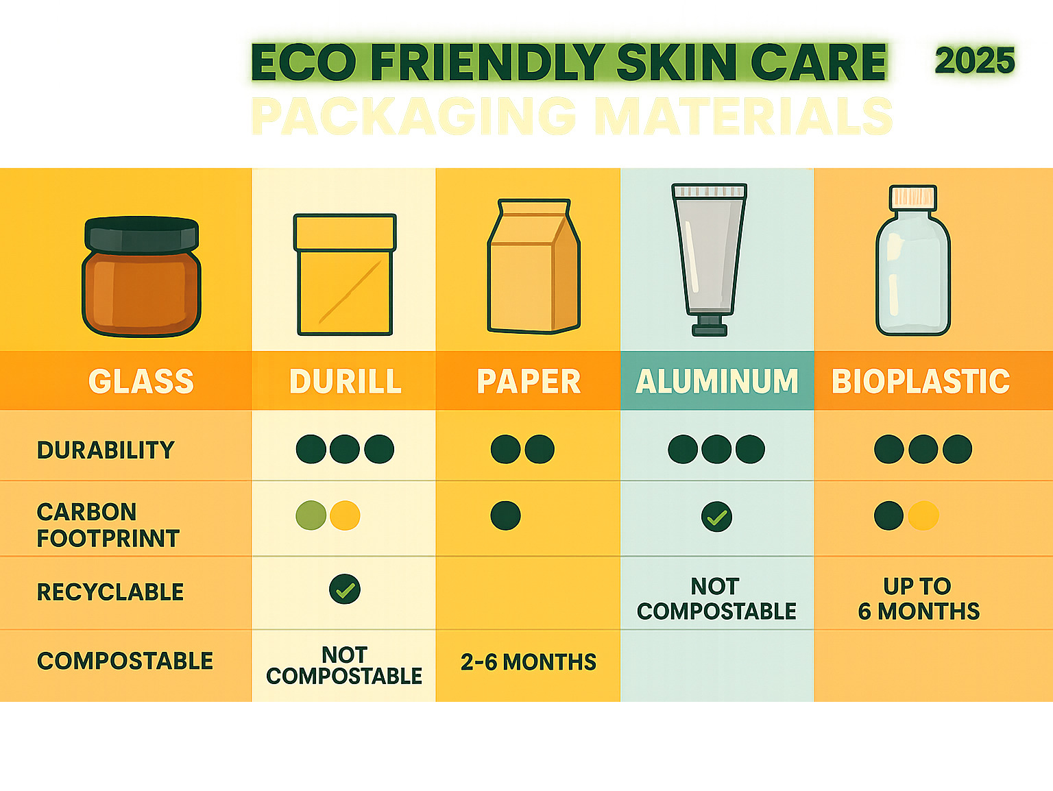 Comparison chart showing different eco-friendly packaging materials with their durability ratings, carbon footprint scores, recyclability status, and compostability timeframes - eco friendly skin care packaging infographic