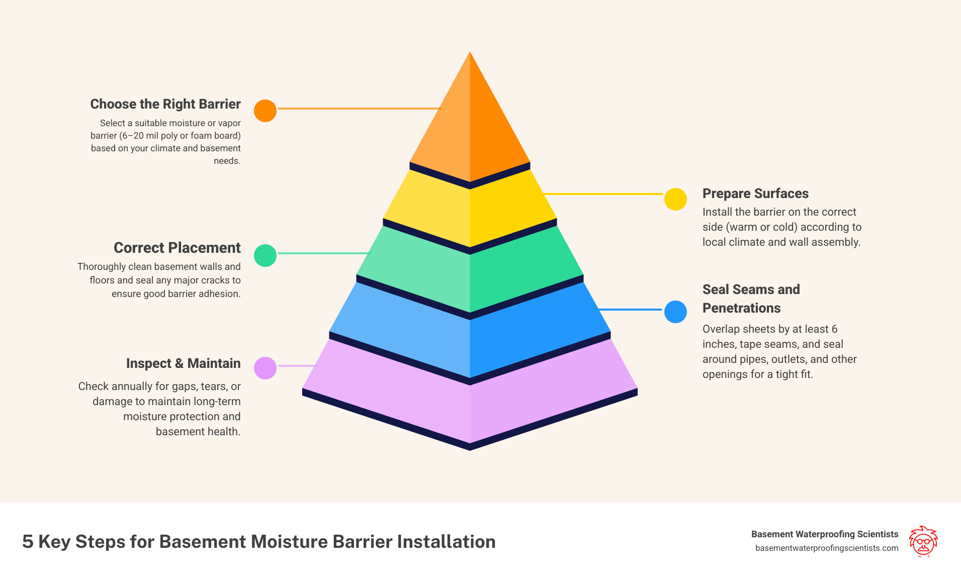 Detailed diagram showing proper basement moisture barrier installation process including wall preparation, barrier placement on warm vs cold sides, seam sealing techniques, and penetration handling methods - basement moisture barrier installation infographic pyramid-hierarchy-5-steps