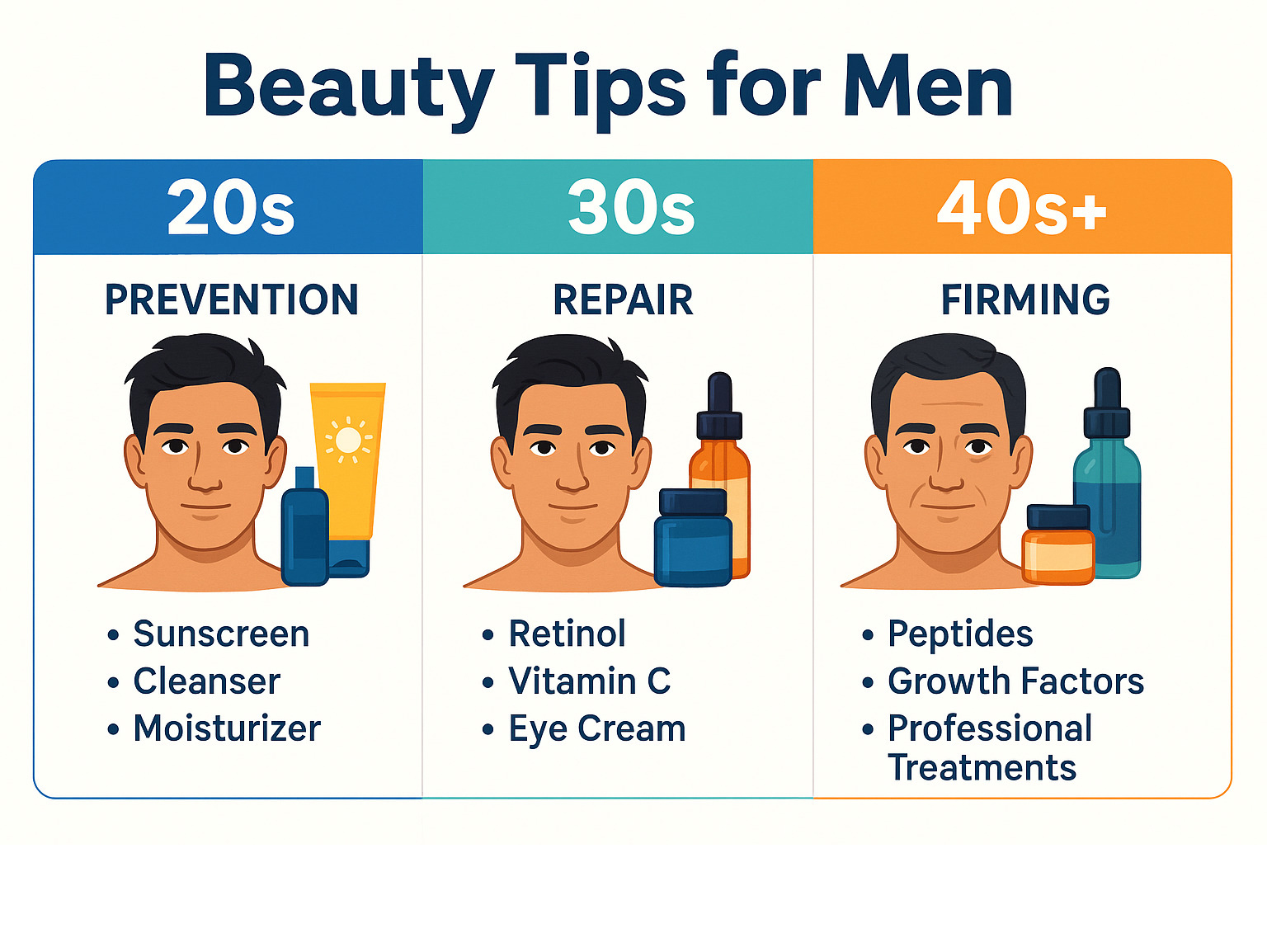 Infographic showing skincare roadmap by decade: 20s prevention, 30s repair, 40s+ firming with specific product recommendations - Beauty tips for men infographic 