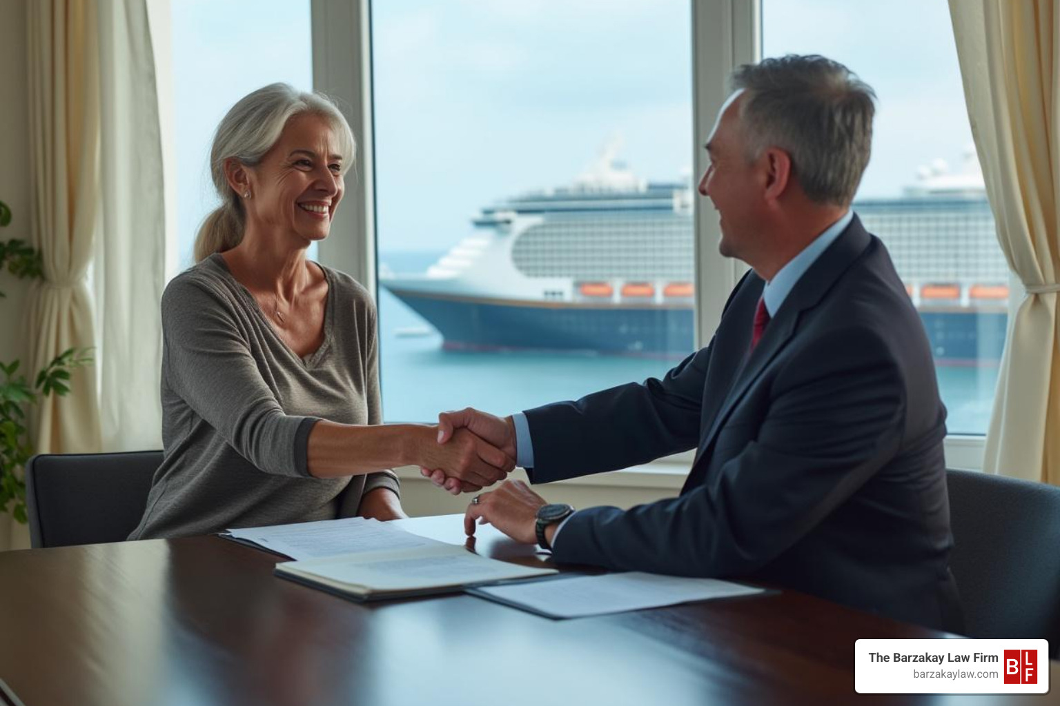 satisfied client shaking hands with attorney after successful cruise ship injury settlement - cruise ship injury lawyer