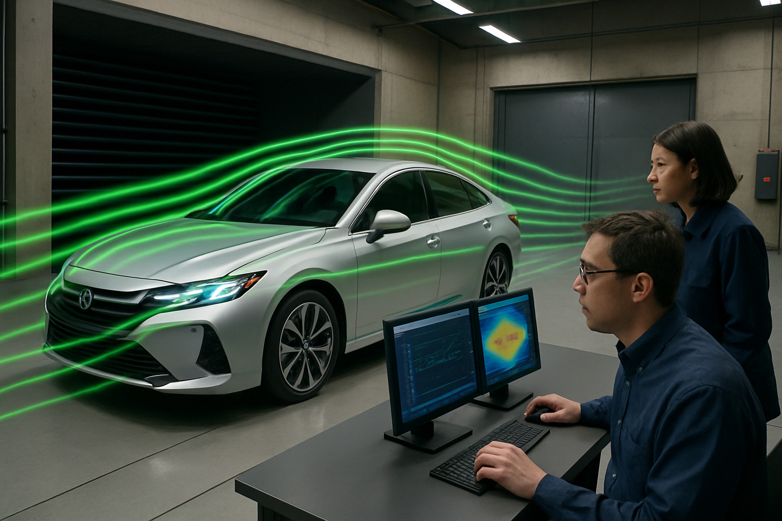 Wind tunnel testing of hybrid vehicle showing airflow patterns and aerodynamic optimization - what hybrid car gets the best highway mileage